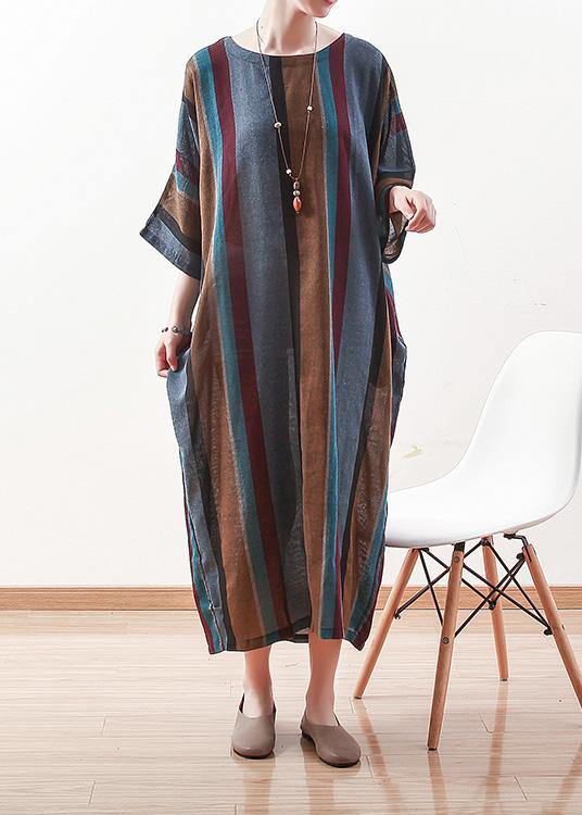 Italian Blue Striped Linen Cotton Robes O Neck Batwing Sleeve Art Spring Dresses