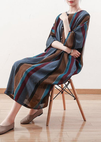Italian Blue Striped Linen Cotton Robes O Neck Batwing Sleeve Art Spring Dresses