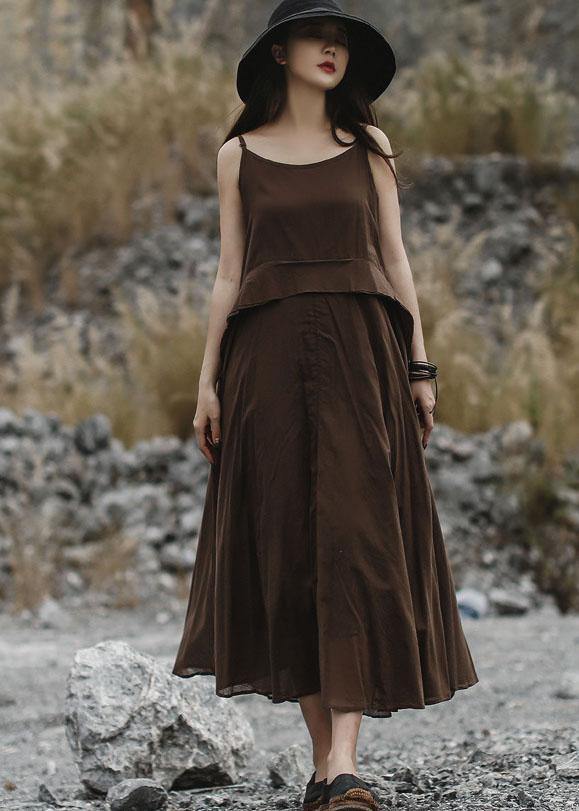 Italian Brown Linen Clothes Sleeveless Long Summer Dresses
