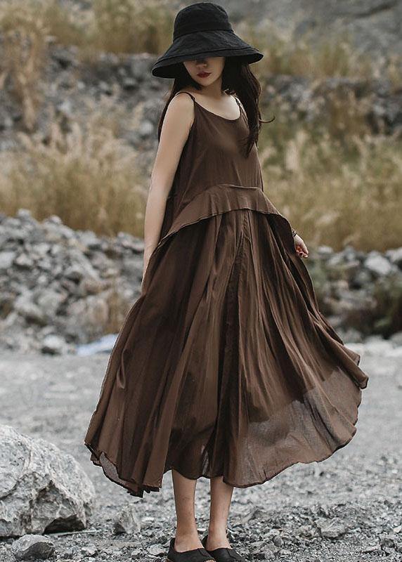 Italian Brown Linen Clothes Sleeveless Long Summer Dresses