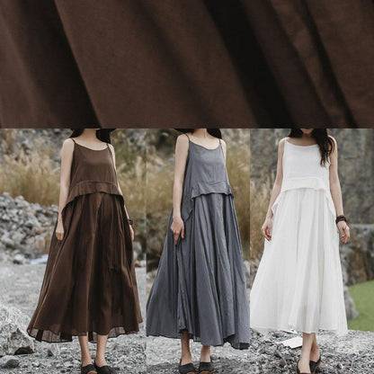 Italian Brown Linen Clothes Sleeveless Long Summer Dresses