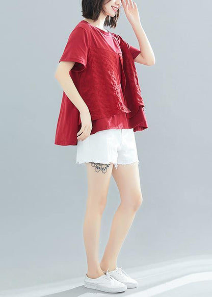 Italian Burgundy Cotton Clothes for Fitted Sewing O Neck Patchwork Art Summer Tops