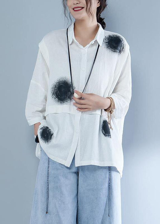 Italian Cotton Linen Blouse Polo Collar Short Sleeve Spliced Blouse