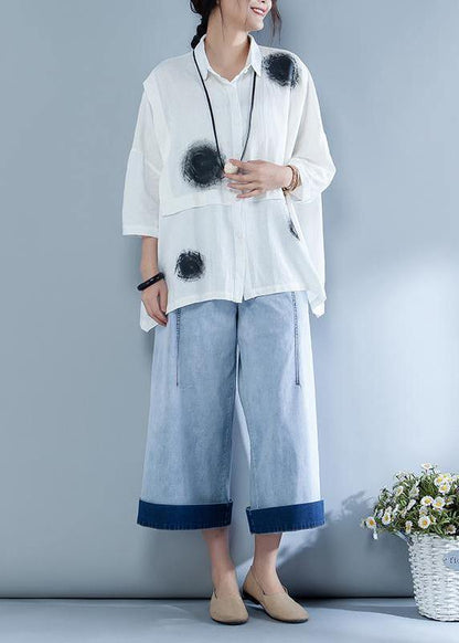 Italian Cotton Linen Blouse Polo Collar Short Sleeve Spliced Blouse