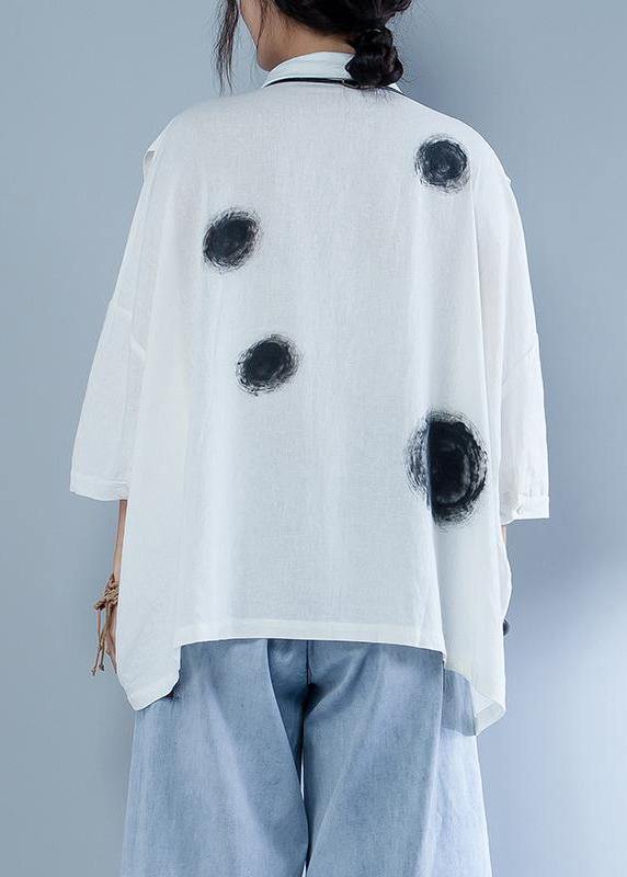 Italian Cotton Linen Blouse Polo Collar Short Sleeve Spliced Blouse