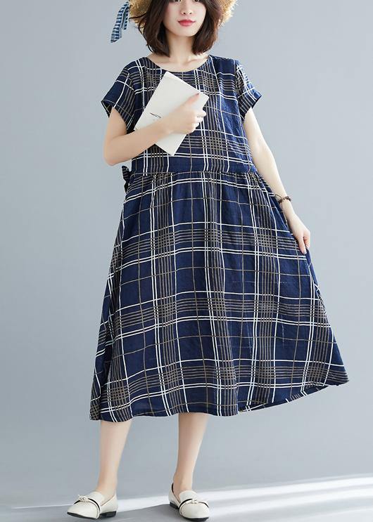 Italian Drawstring Cotton Dresses Work Outfits Blue Plaid Dresses Summer