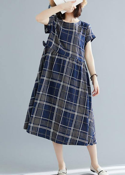 Italian Drawstring Cotton Dresses Work Outfits Blue Plaid Dresses Summer