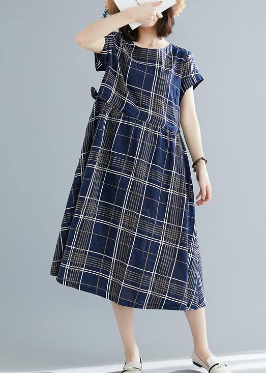 Italian Drawstring Cotton Dresses Work Outfits Blue Plaid Dresses Summer