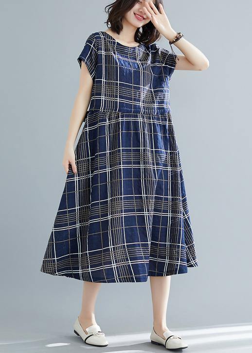 Italian Drawstring Cotton Dresses Work Outfits Blue Plaid Dresses Summer