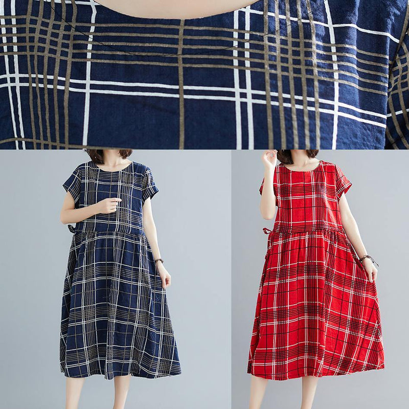 Italian Drawstring Cotton Dresses Work Outfits Blue Plaid Dresses Summer