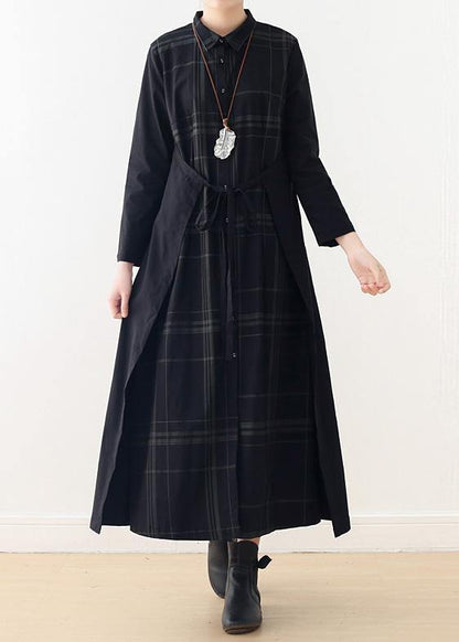 Italian Drawstring Cotton Quilting Clothes Shirts Black Plaid a Line Dresses False Two Pieces