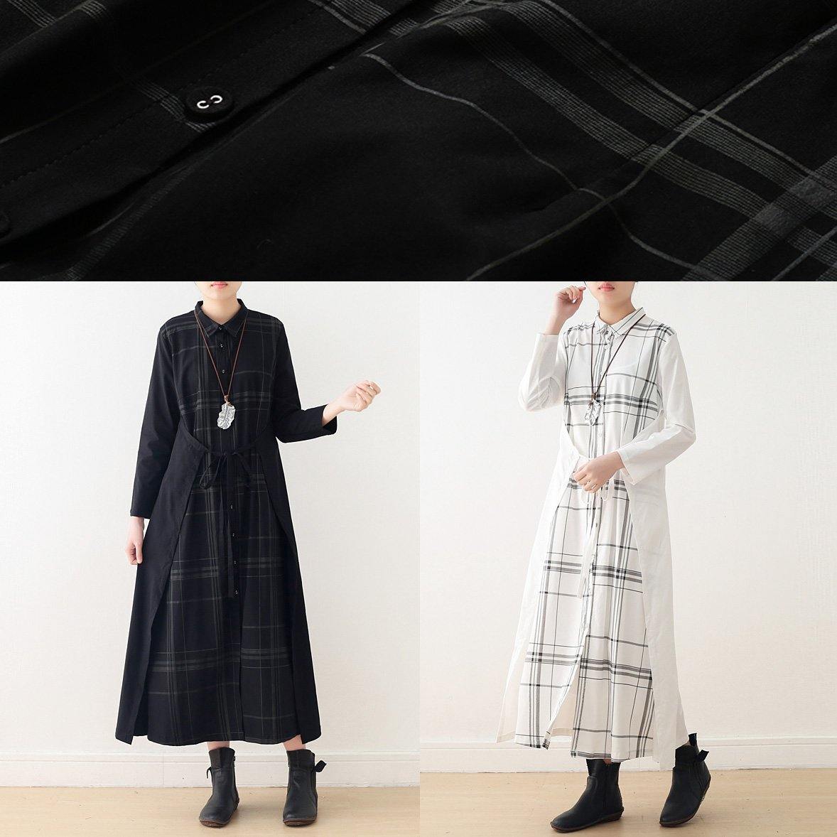 Italian Drawstring Cotton Quilting Clothes Shirts Black Plaid a Line Dresses False Two Pieces