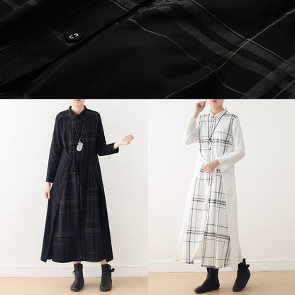 Italian Drawstring Cotton Quilting Clothes Shirts Black Plaid a Line Dresses False Two Pieces