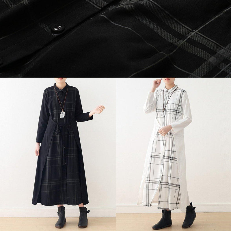 Italian Drawstring Cotton Quilting Clothes Shirts Black Plaid a Line Dresses False Two Pieces