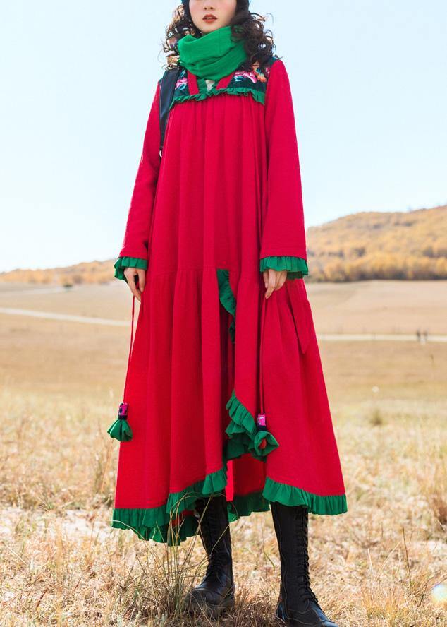 Italian Embroidery Cotton Ruffles Tunic Runway Red Robe Dresses