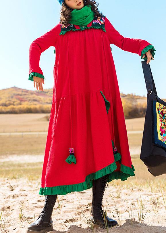 Italian Embroidery Cotton Ruffles Tunic Runway Red Robe Dresses