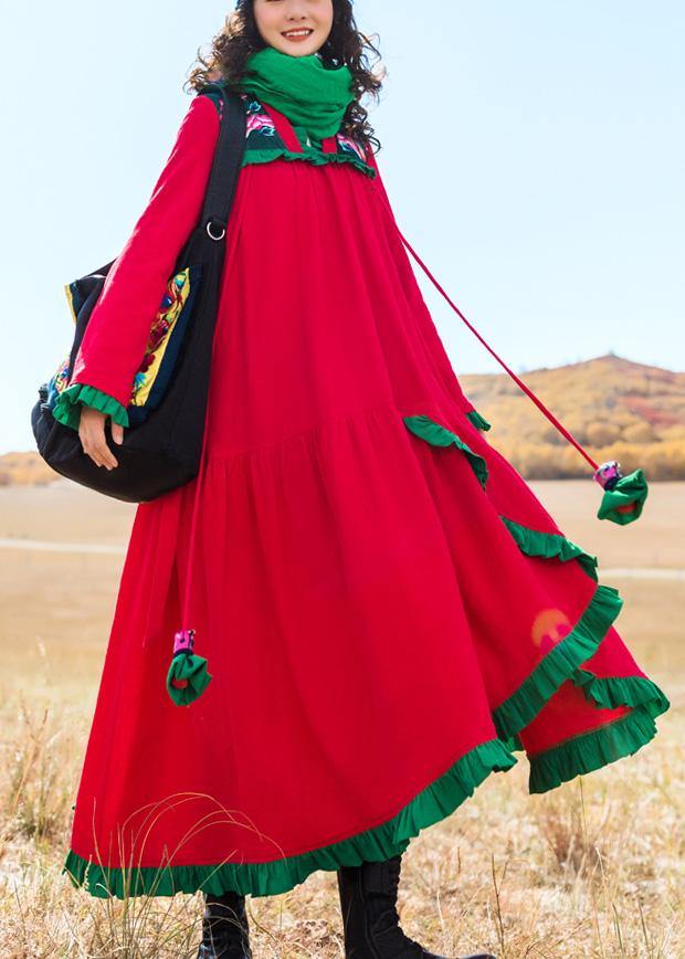 Italian Embroidery Cotton Ruffles Tunic Runway Red Robe Dresses