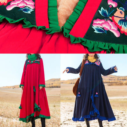 Italian Embroidery Cotton Ruffles Tunic Runway Red Robe Dresses