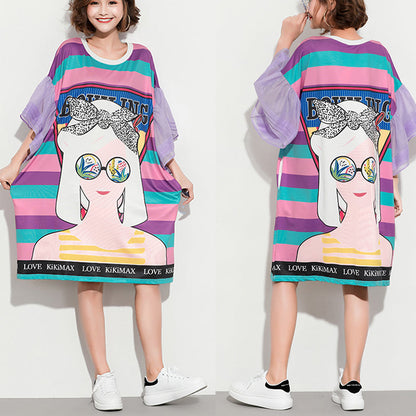 Italian Flare Sleeve Cotton Clothes for Organic Outfits Purple Striped Baggy Dresses Summer