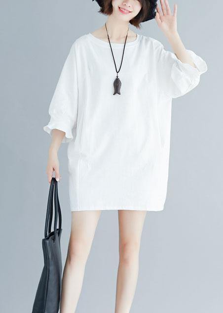 Italian Flare Sleeve Cotton Clothes Work Outfits White O Neck Dress Summer