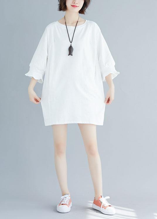 Italian Flare Sleeve Cotton Clothes Work Outfits White O Neck Dress Summer