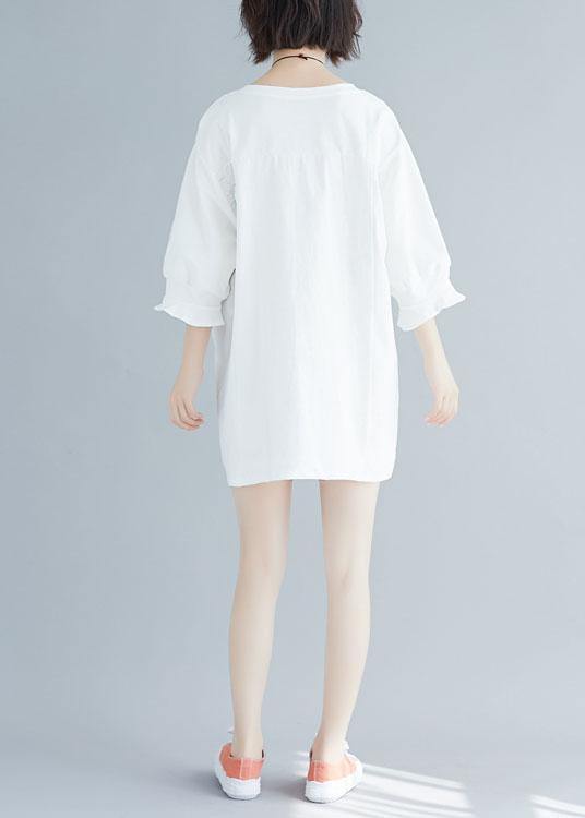 Italian Flare Sleeve Cotton Clothes Work Outfits White O Neck Dress Summer