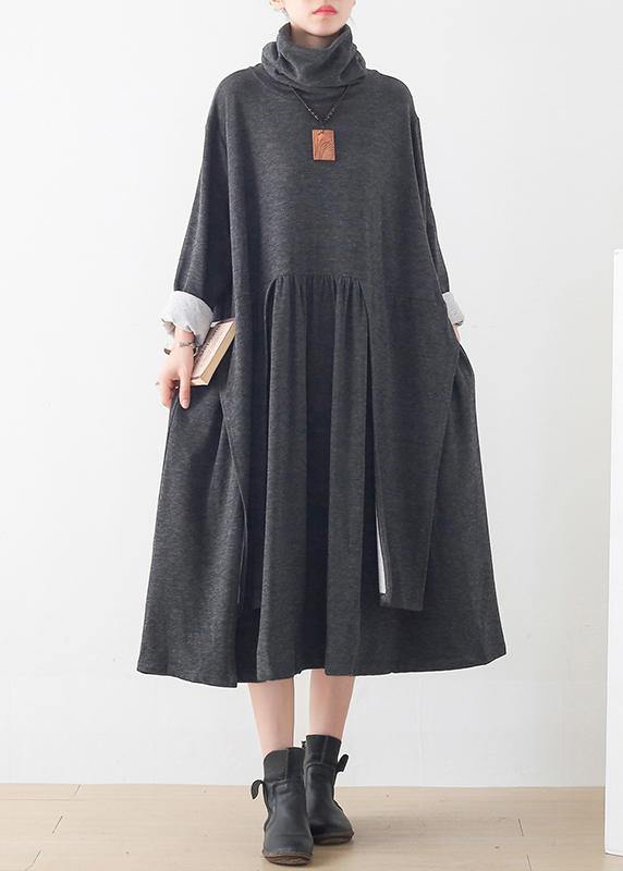 Italian Gray Tunics High Neck Asymmetric Long Dresses