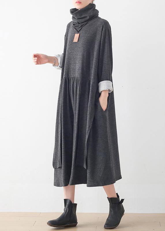 Italian Gray Tunics High Neck Asymmetric Long Dresses
