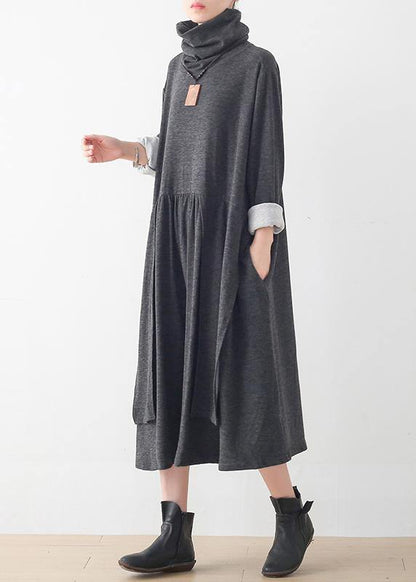 Italian Gray Tunics High Neck Asymmetric Long Dresses