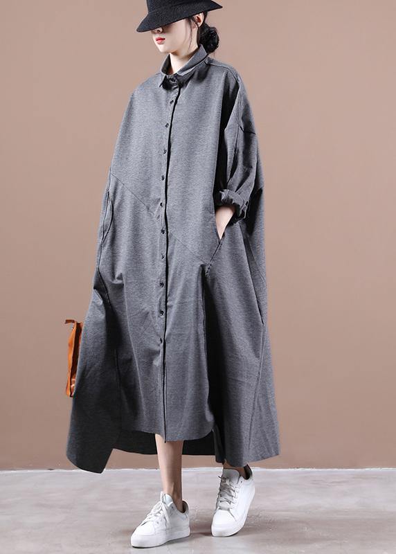 Italian Gray Dresses Lapel Asymmetric Loose Spring Dress