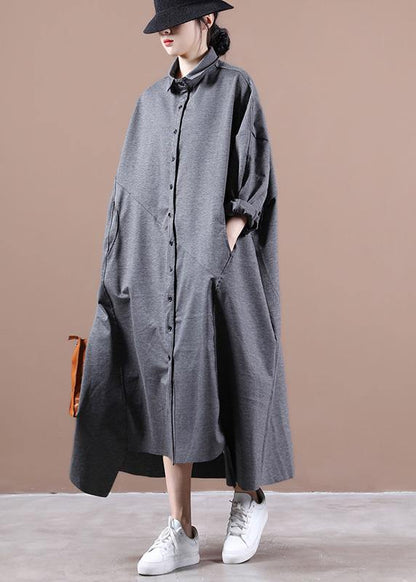 Italian Gray Dresses Lapel Asymmetric Loose Spring Dress