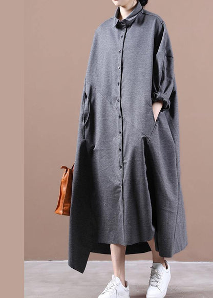 Italian Gray Dresses Lapel Asymmetric Loose Spring Dress