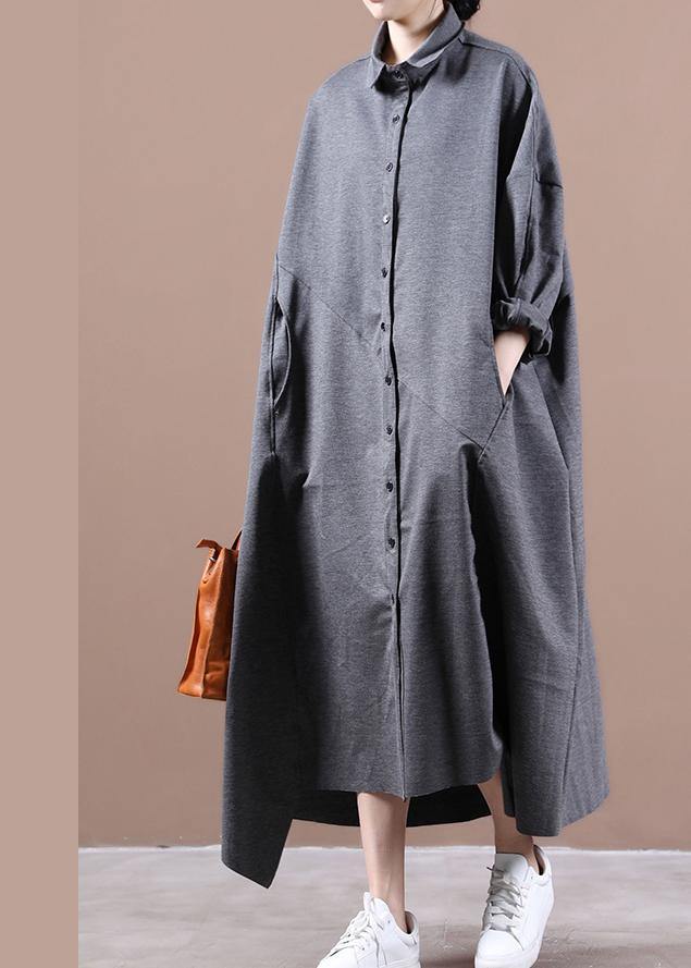 Italian Gray Dresses Lapel Asymmetric Loose Spring Dress