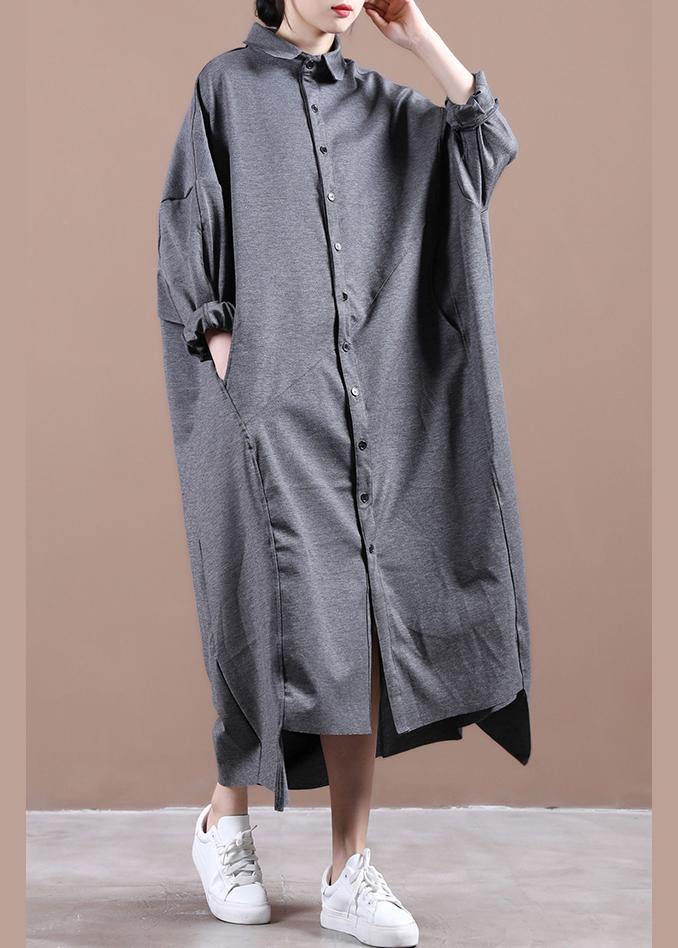 Italian Gray Dresses Lapel Asymmetric Loose Spring Dress