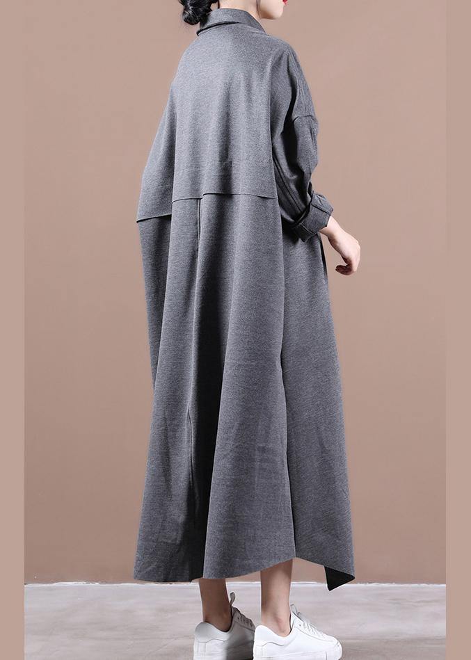 Italian Gray Dresses Lapel Asymmetric Loose Spring Dress