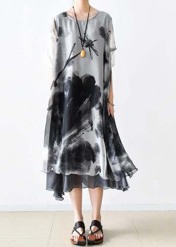Italian Gray Print Chiffon Clothes for Ideas O Neck Pockets Summer Dress