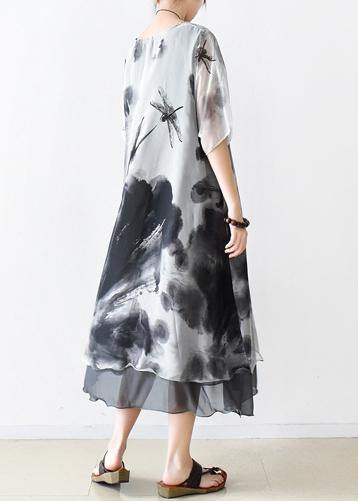 Italian Gray Print Chiffon Clothes for Ideas O Neck Pockets Summer Dress
