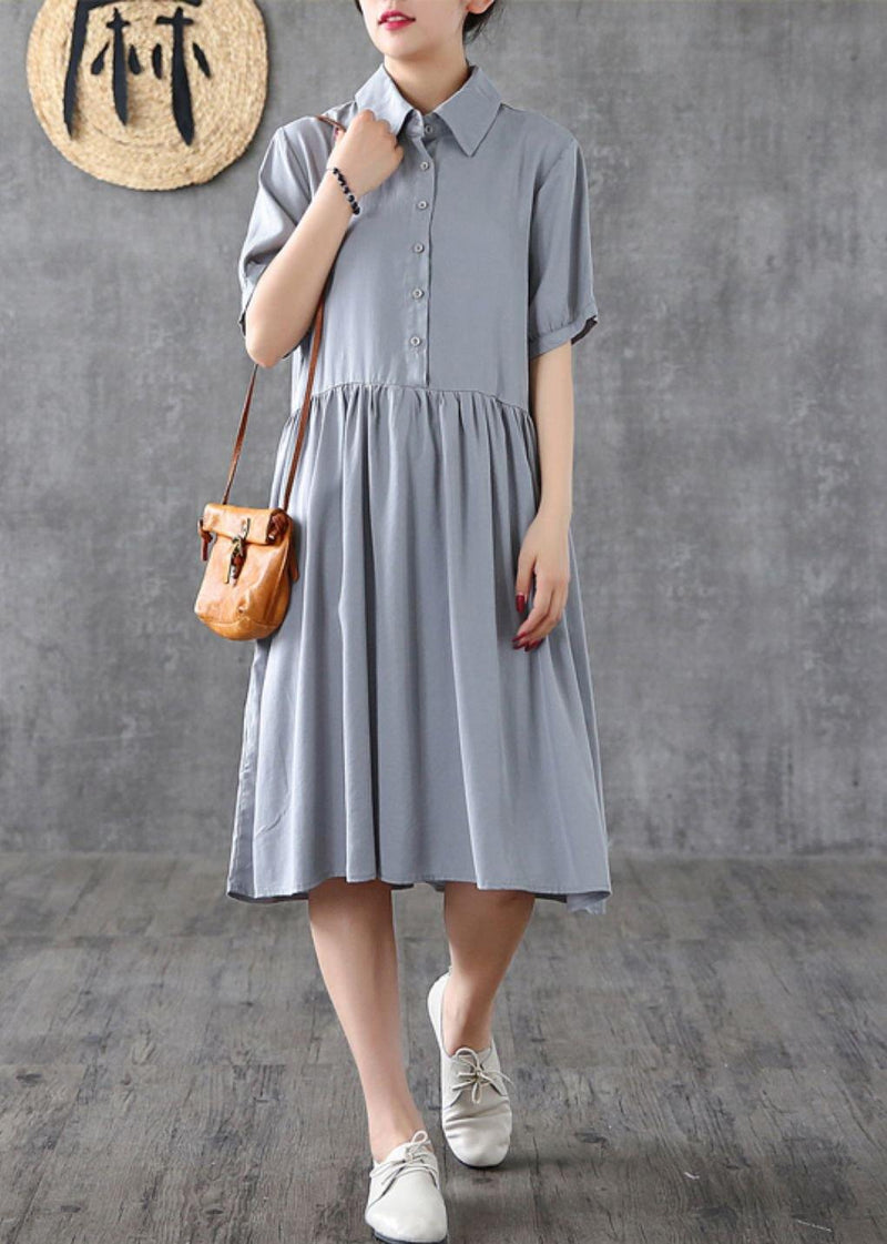 Italian Gray Quilting Dresses Lapel Cinched Art Dresses