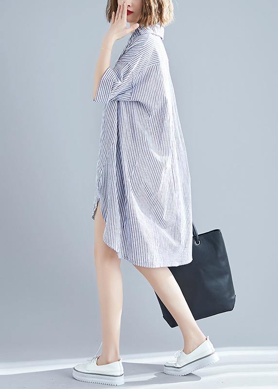 Italian Gray Striped Linen Dress Photography Lapel Asymmetric Midi Summer Dresses