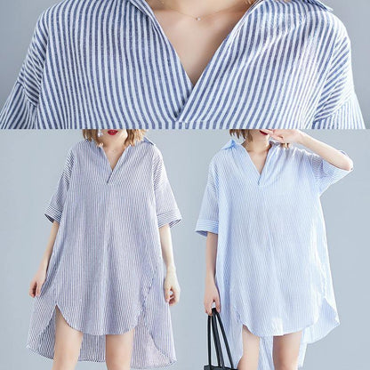 Italian Gray Striped Linen Dress Photography Lapel Asymmetric Midi Summer Dresses