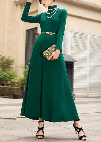 Italian Green Cotton Dresses Zippered Maxi High Neck Dress