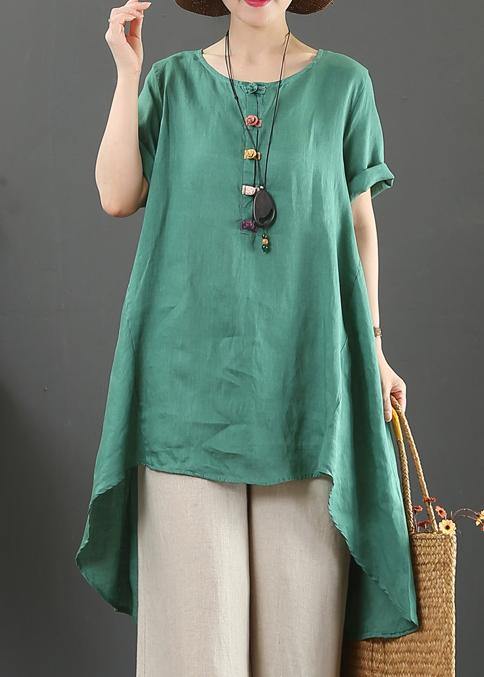 Italian Green Linen Top O Neck Asymmetric Baggy Summer Shirts