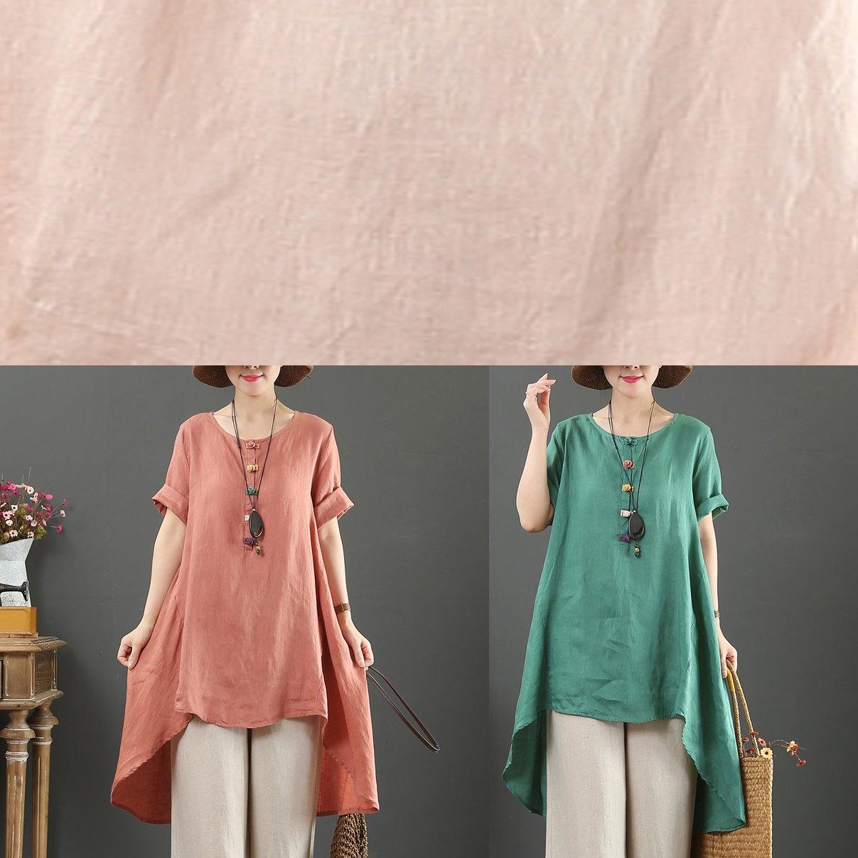 Italian Green Linen Top O Neck Asymmetric Baggy Summer Shirts