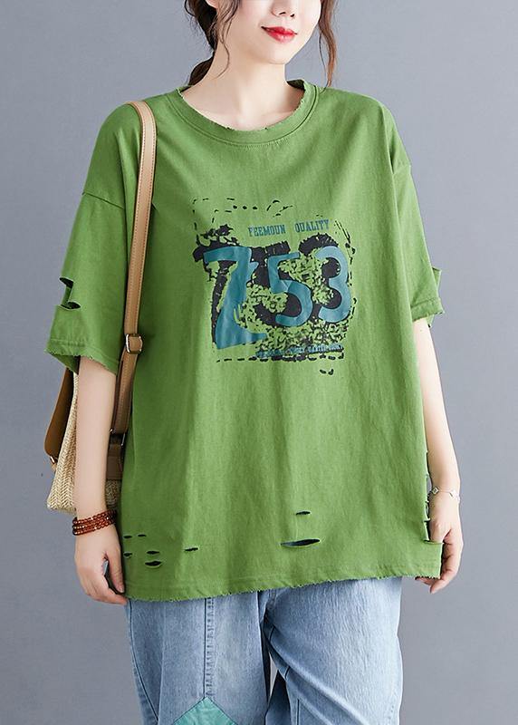 Italian Green O Neck Cotton Clothes for Hole Art Summer Top