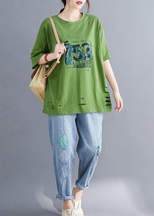 Italian Green O Neck Cotton Clothes for Hole Art Summer Top