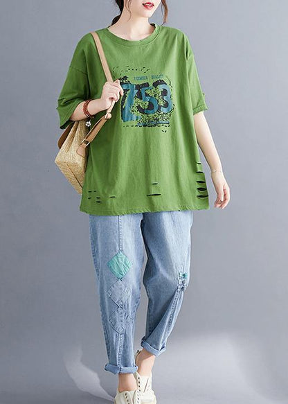 Italian Green O Neck Cotton Clothes for Hole Art Summer Top