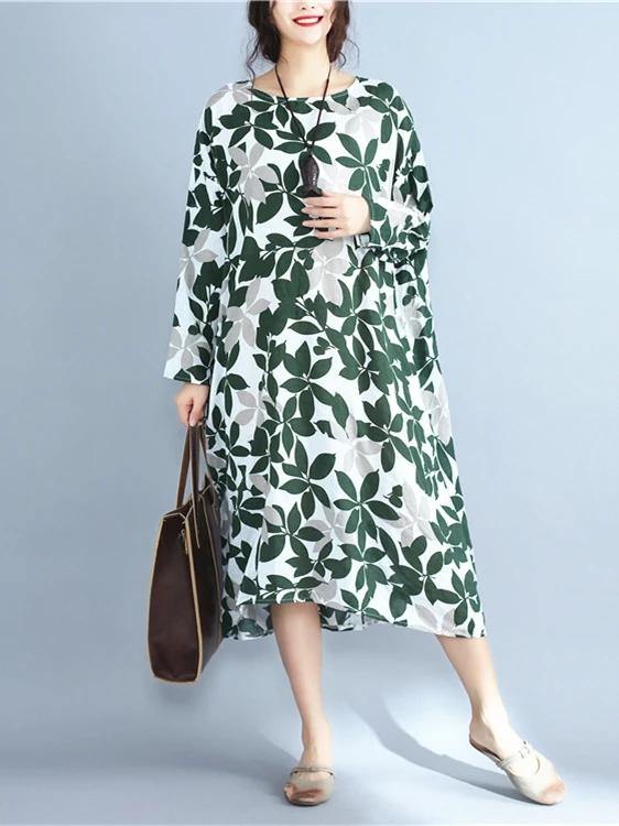 Italian Green Print Cotton Clothes for O Neck Long Sleeve Maxi Dress
