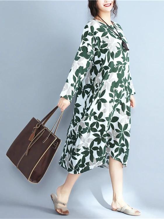 Italian Green Print Cotton Clothes for O Neck Long Sleeve Maxi Dress
