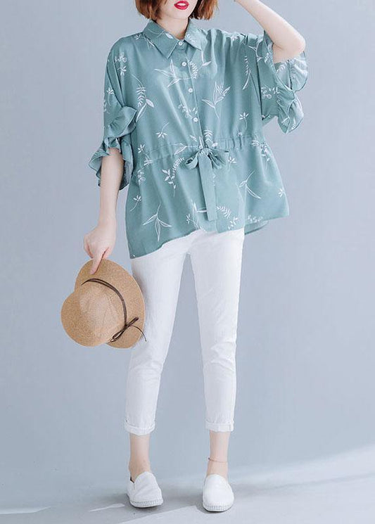 Italian Green Prints Chiffon Clothes for Drawstring Loose Summer Top