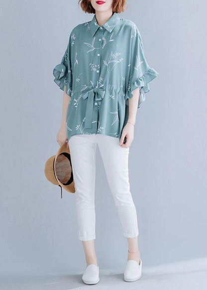Italian Green Prints Chiffon Clothes for Drawstring Loose Summer Top